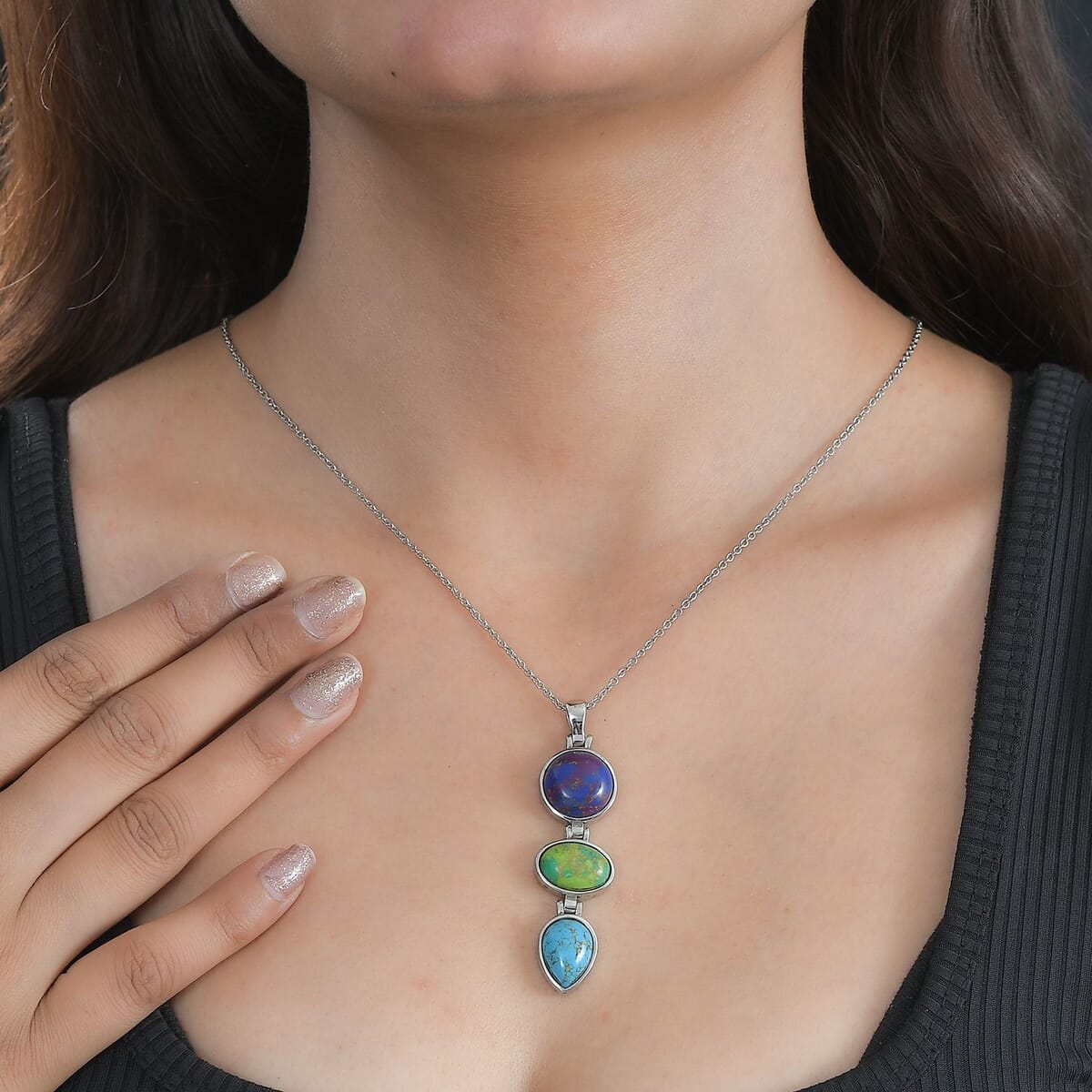 Mojave Purple, Blue and Green Turquoise Pendant Necklace 20 Inches in Stainless Steel 19.80 ctw image number 2