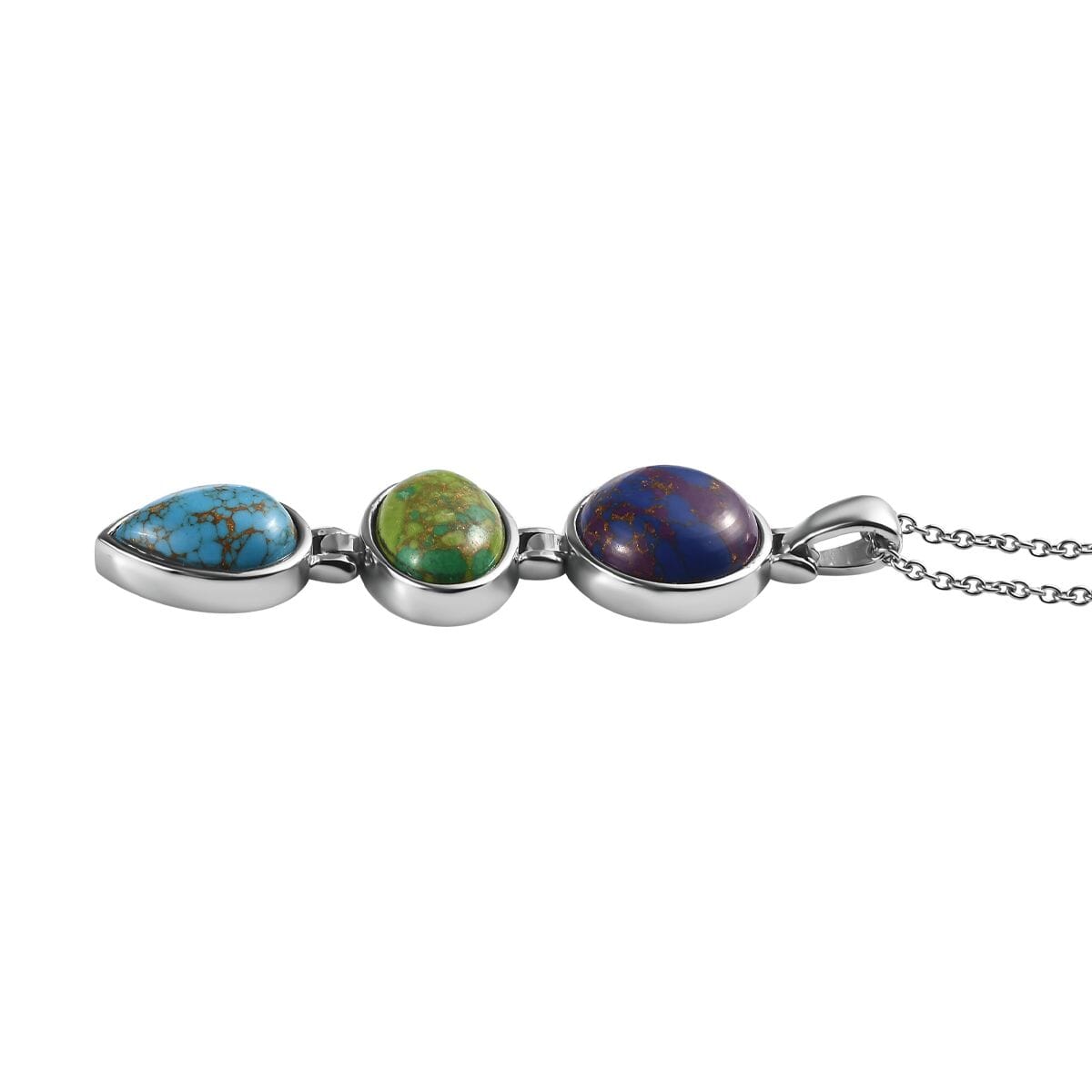Mojave Purple, Blue and Green Turquoise Pendant Necklace 20 Inches in Stainless Steel 19.80 ctw image number 3