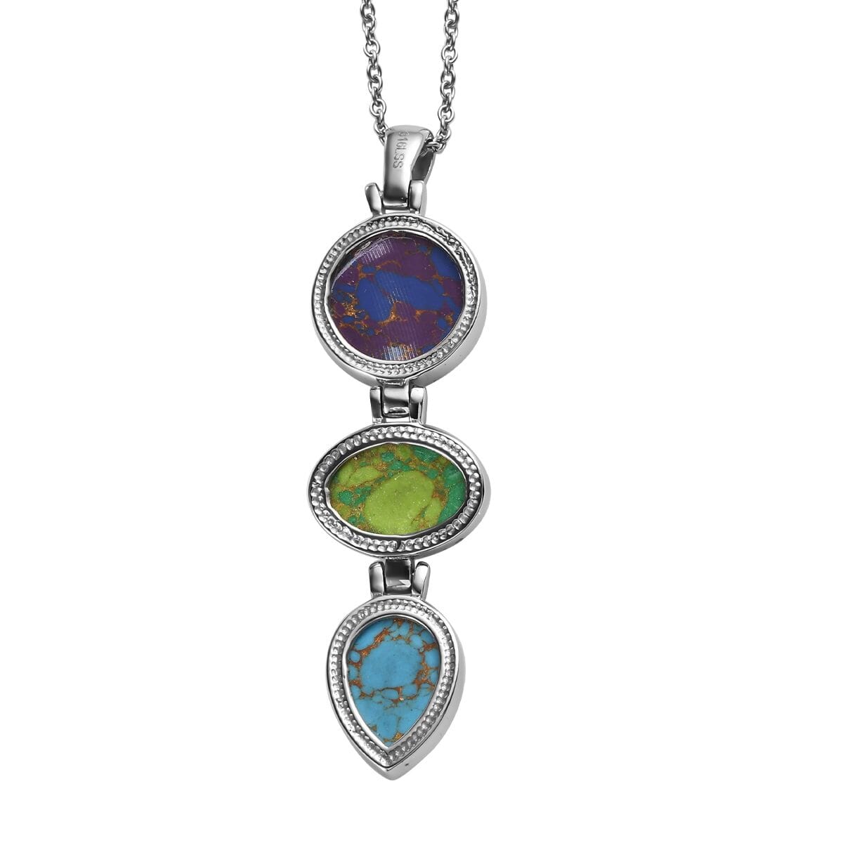Mojave Purple, Blue and Green Turquoise Pendant Necklace 20 Inches in Stainless Steel 19.80 ctw image number 4