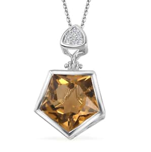 Pentastar Cut Brazilian Citrine and White Zircon Pendant Necklace 20 Inches in Platinum Over Sterling Silver 7.85 ctw
