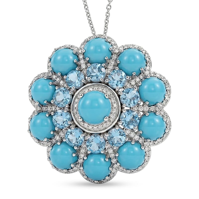 Premium Sleeping Beauty Turquoise and Multi Gemstone 13.25 ctw Pendant Necklace in Rhodium Over Sterling Silver (20 Inches)