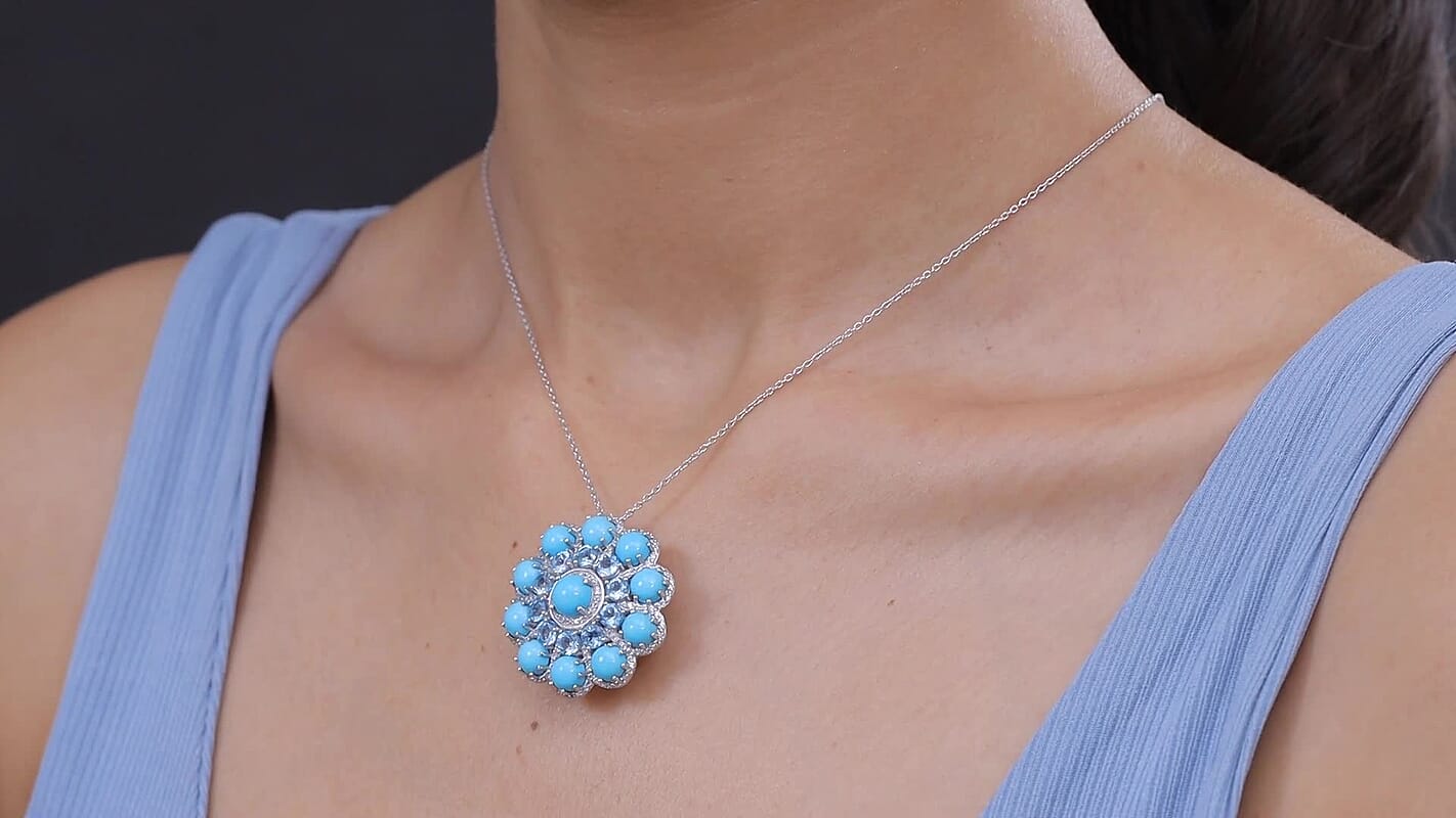 Premium Sleeping Beauty Turquoise, Multi Gemstone Pendant Necklace (20 Inches) in Rhodium Over Sterling Silver 13.25 ctw