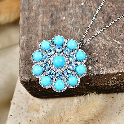 Premium Sleeping Beauty Turquoise and Multi Gemstone 13.25 ctw Pendant Necklace in Rhodium Over Sterling Silver (20 Inches)