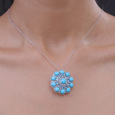 Premium Sleeping Beauty Turquoise and Multi Gemstone 13.25 ctw Pendant Necklace in Rhodium Over Sterling Silver (20 Inches)