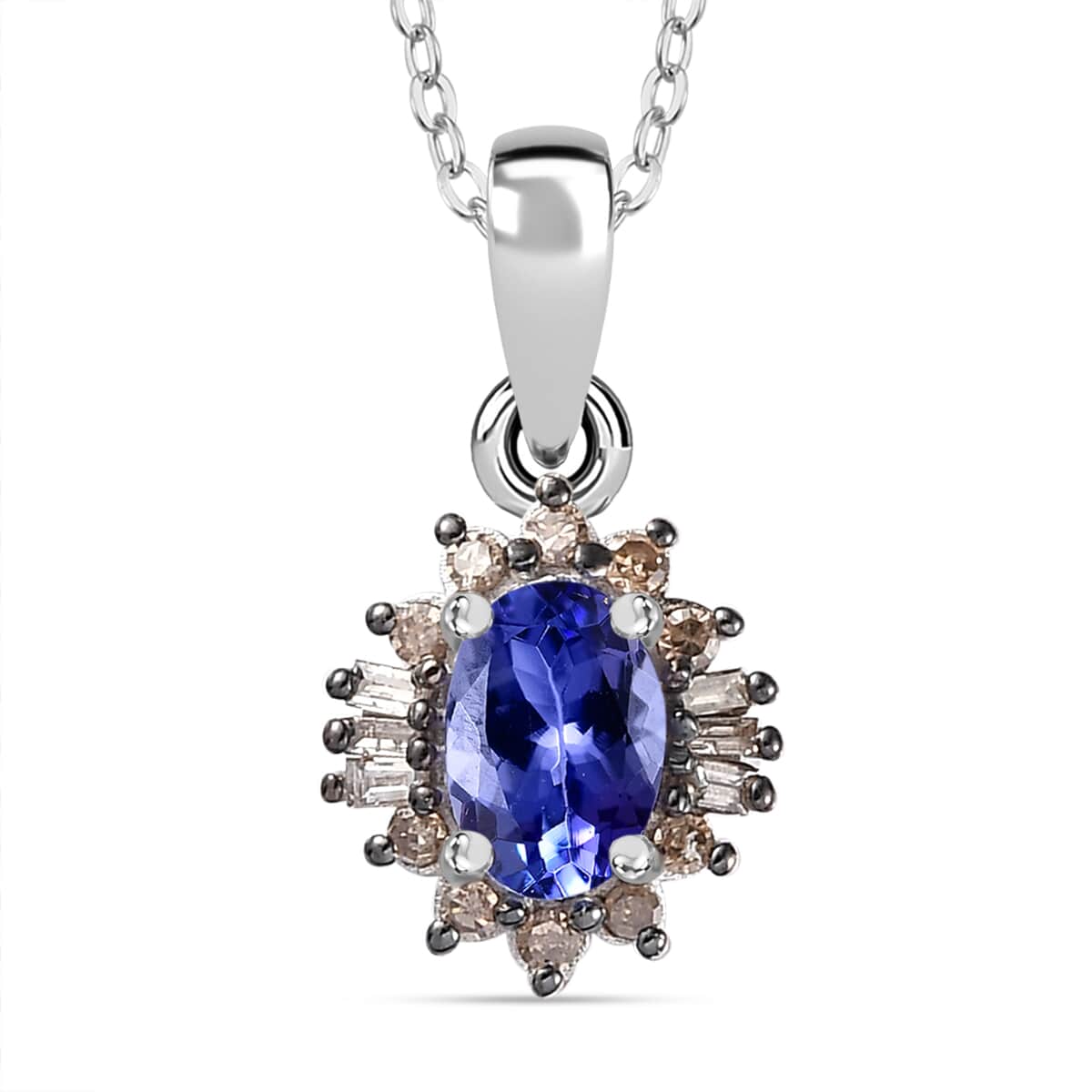 Tanzanite and Natural Champagne Diamond Halo Pendant Necklace 20 Inches in Platinum Over Sterling Silver 0.60 ctw image number 0