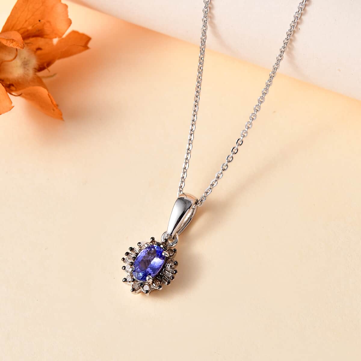 Tanzanite and Natural Champagne Diamond Halo Pendant Necklace 20 Inches in Platinum Over Sterling Silver 0.60 ctw image number 1