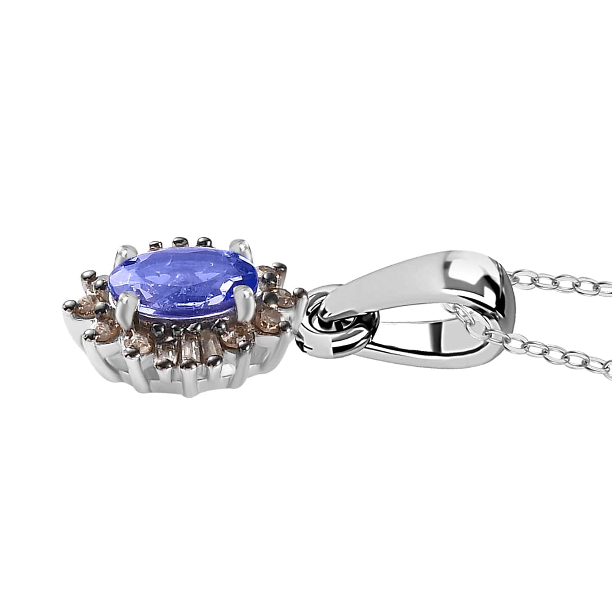 Tanzanite and Natural Champagne Diamond Halo Pendant Necklace 20 Inches in Platinum Over Sterling Silver 0.60 ctw image number 3