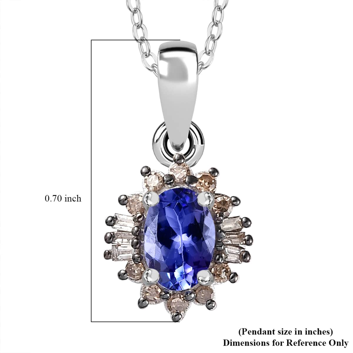 Tanzanite and Natural Champagne Diamond Halo Pendant Necklace 20 Inches in Platinum Over Sterling Silver 0.60 ctw image number 5