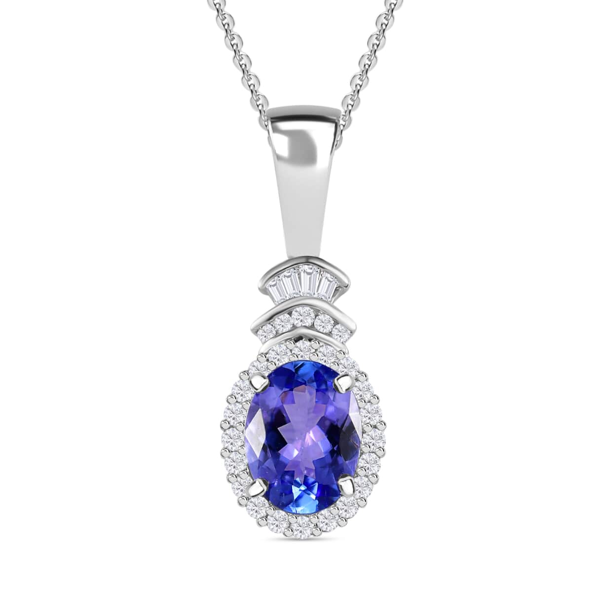 Tanzanite and Diamond Halo Pendant Necklace 20 Inches in Platinum Over Sterling Silver 1.50 ctw image number 0