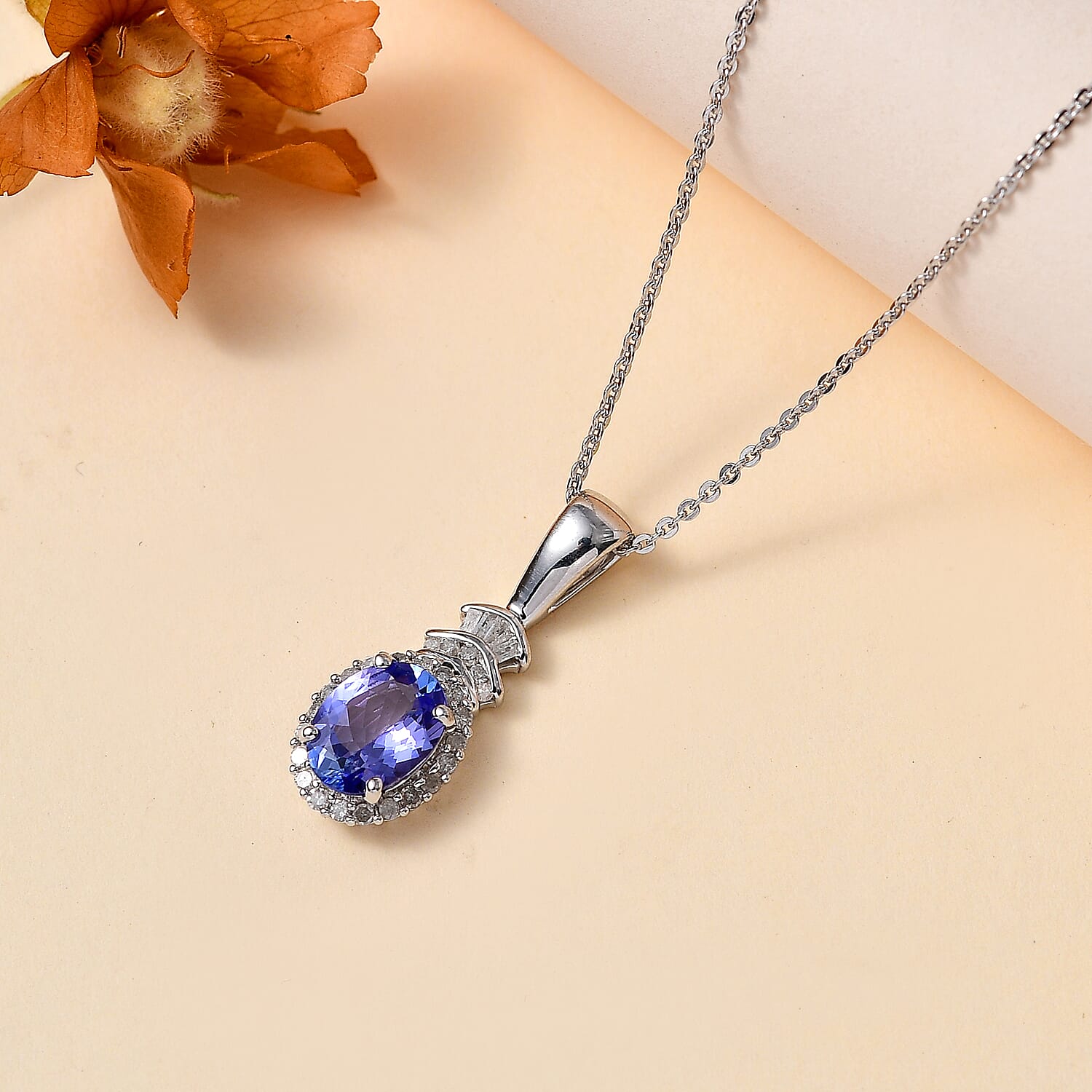 Tanzanite and Diamond Halo Pendant Necklace 20 Inches in Platinum Over Sterling Silver 1.50 ctw