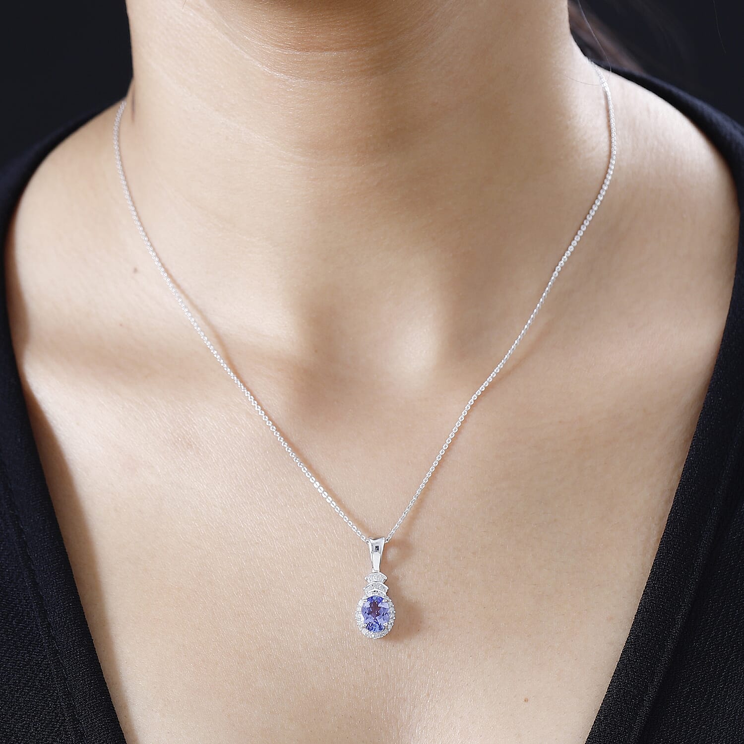 Tanzanite and Diamond Halo Pendant Necklace 20 Inches in Platinum Over Sterling Silver 1.50 ctw