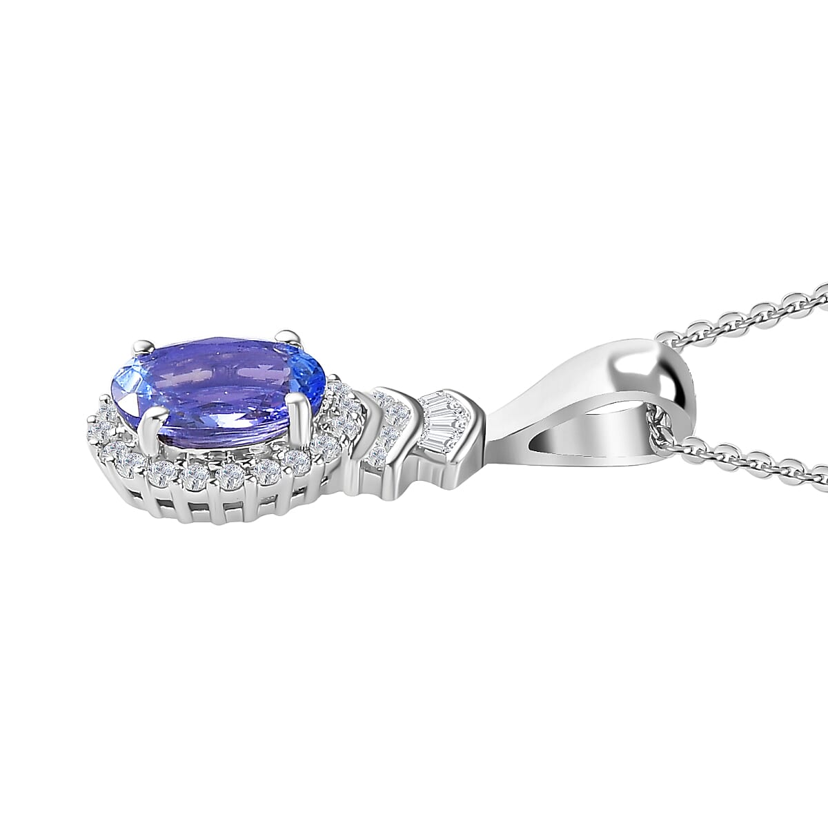Tanzanite and Diamond Halo Pendant Necklace 20 Inches in Platinum Over Sterling Silver 1.50 ctw
