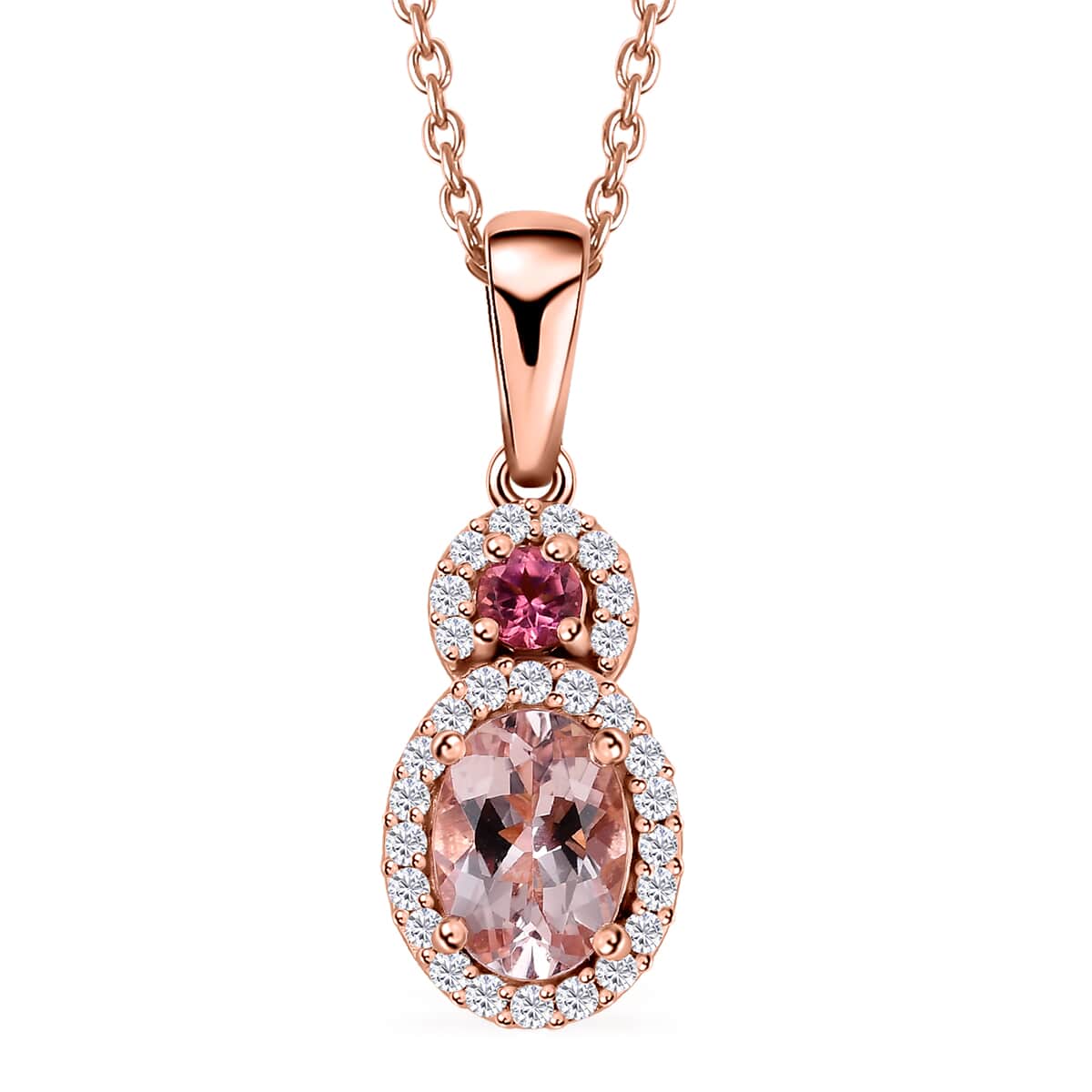 Premium Pink Morganite and Multi Gemstone Halo Pendant Necklace 20 Inches in Vermeil Rose Gold Over Sterling Silver 1.00 ctw image number 0