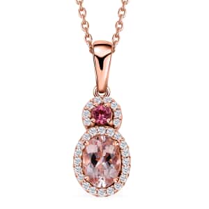 Premium Pink Morganite and Multi Gemstone Halo Pendant Necklace 20 Inches in Vermeil Rose Gold Over Sterling Silver 1.00 ctw