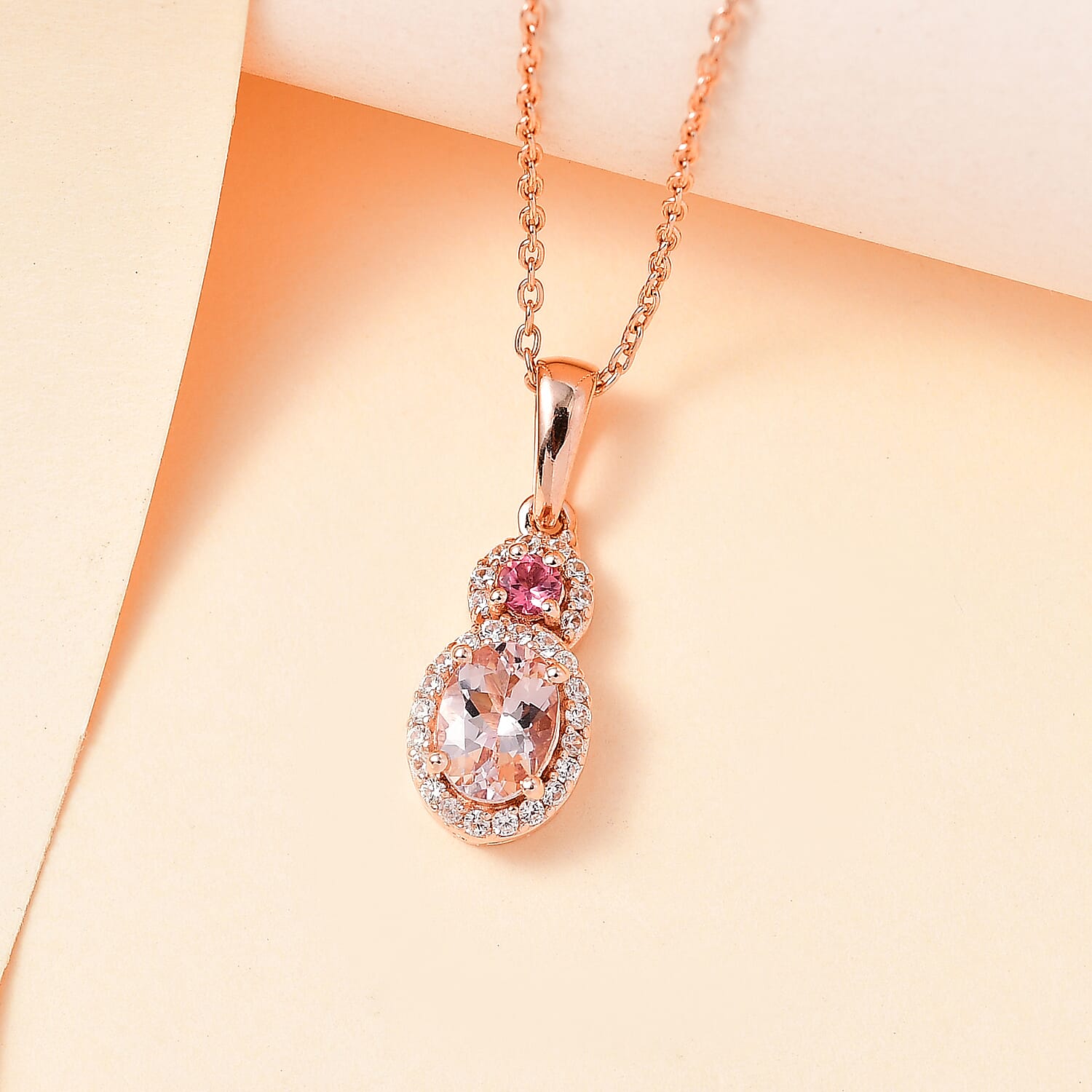 Premium Pink Morganite and Multi Gemstone Halo Pendant Necklace 20 Inches in Vermeil Rose Gold Over Sterling Silver 1.00 ctw