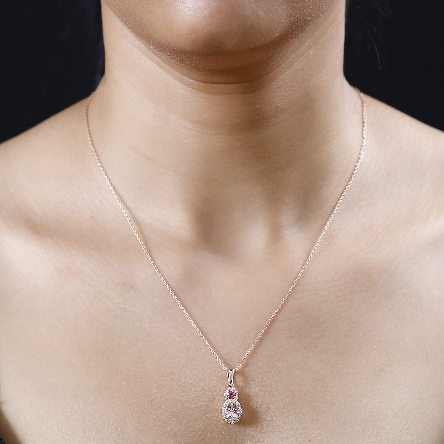 Premium Pink Morganite and Multi Gemstone Halo Pendant Necklace 20 Inches in Vermeil Rose Gold Over Sterling Silver 1.00 ctw