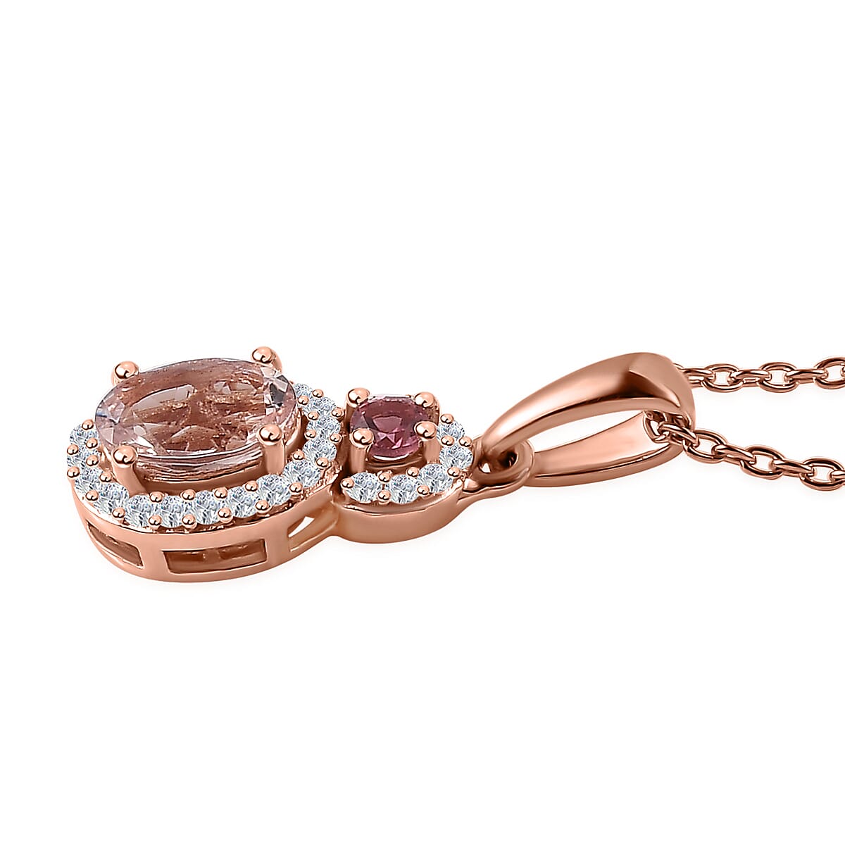 Premium Pink Morganite and Multi Gemstone Halo Pendant Necklace 20 Inches in Vermeil Rose Gold Over Sterling Silver 1.00 ctw