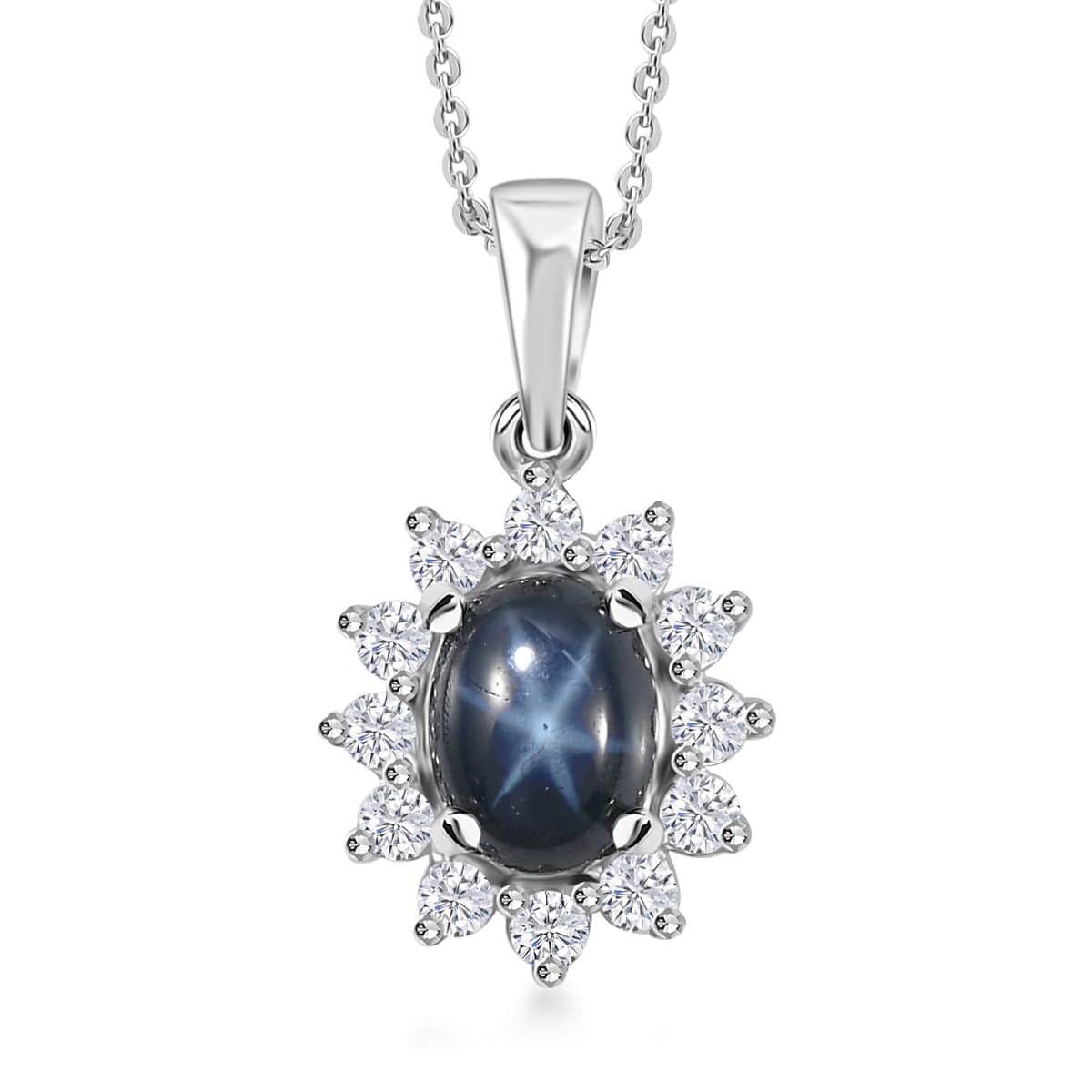 Blue Star Sapphire (DF) and Moissanite Halo Pendant Necklace 20 Inches in Platinum Over Sterling Silver 2.40 ctw image number 0