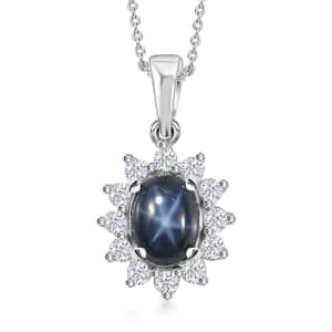 Blue Star Sapphire (DF) and Moissanite Halo Pendant Necklace 20 Inches in Platinum Over Sterling Silver 2.40 ctw