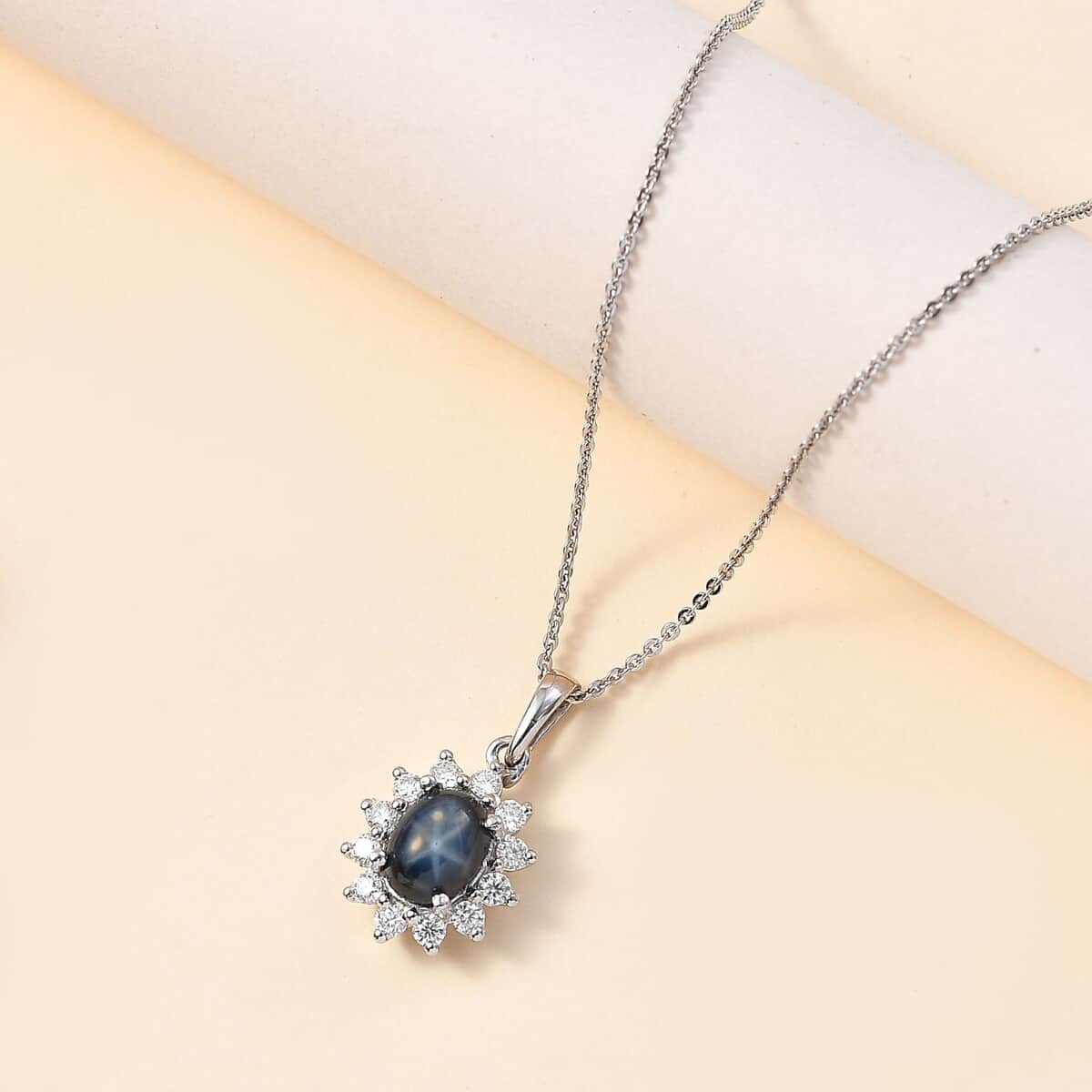 Blue Star Sapphire (DF) and Moissanite Halo Pendant Necklace 20 Inches in Platinum Over Sterling Silver 2.40 ctw image number 1