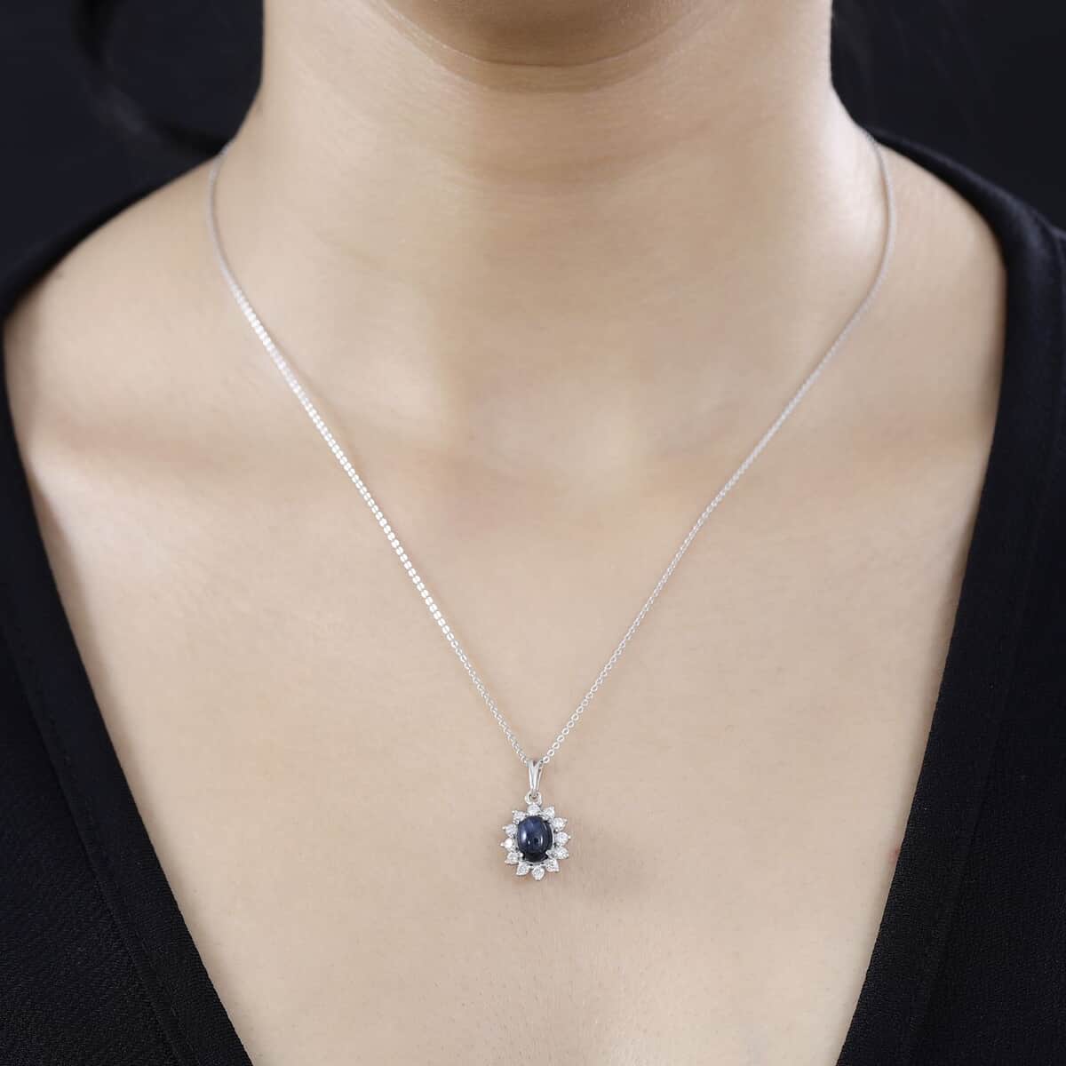 Blue Star Sapphire (DF) and Moissanite Halo Pendant Necklace 20 Inches in Platinum Over Sterling Silver 2.40 ctw image number 2