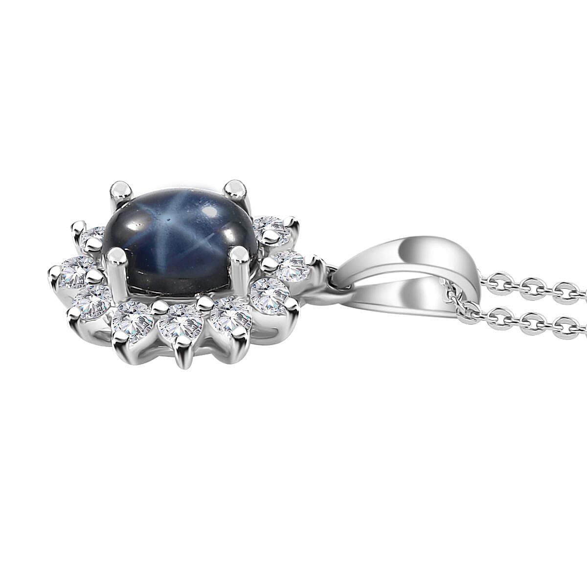 Blue Star Sapphire (DF) and Moissanite Halo Pendant Necklace 20 Inches in Platinum Over Sterling Silver 2.40 ctw