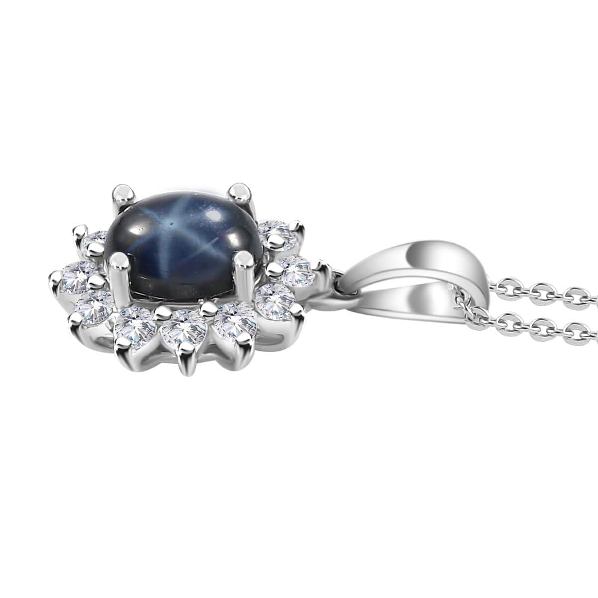 Blue Star Sapphire (DF) and Moissanite Halo Pendant Necklace 20 Inches in Platinum Over Sterling Silver 2.40 ctw image number 3