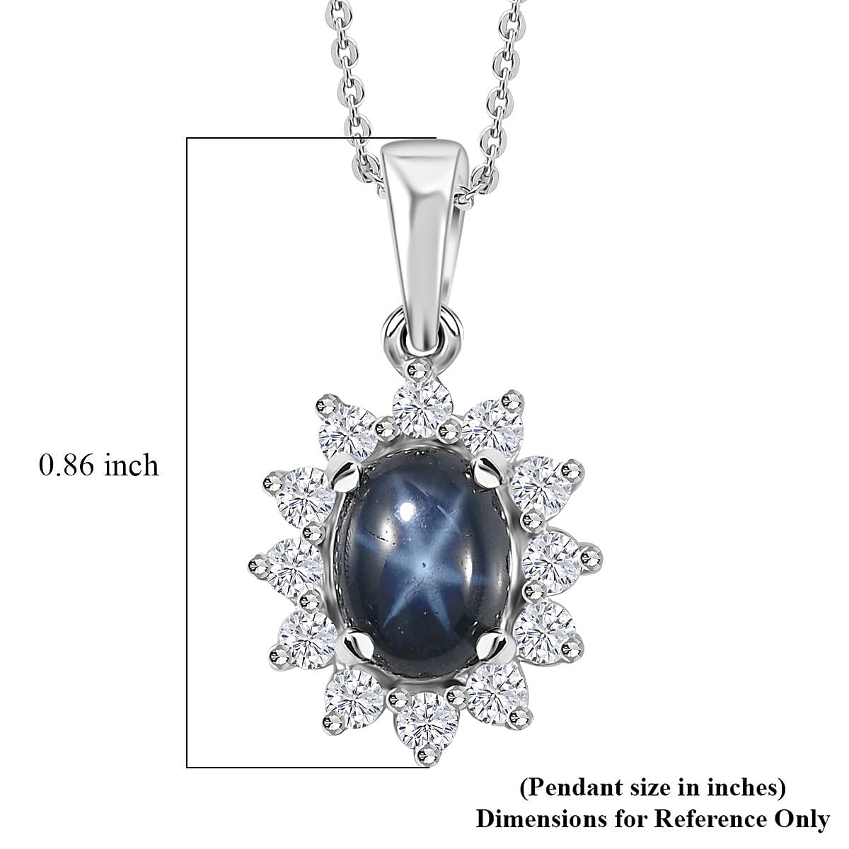 Blue Star Sapphire (DF) and Moissanite Halo Pendant Necklace 20 Inches in Platinum Over Sterling Silver 2.40 ctw