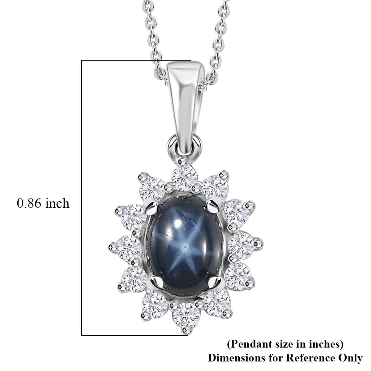 Blue Star Sapphire (DF) and Moissanite Halo Pendant Necklace 20 Inches in Platinum Over Sterling Silver 2.40 ctw image number 5