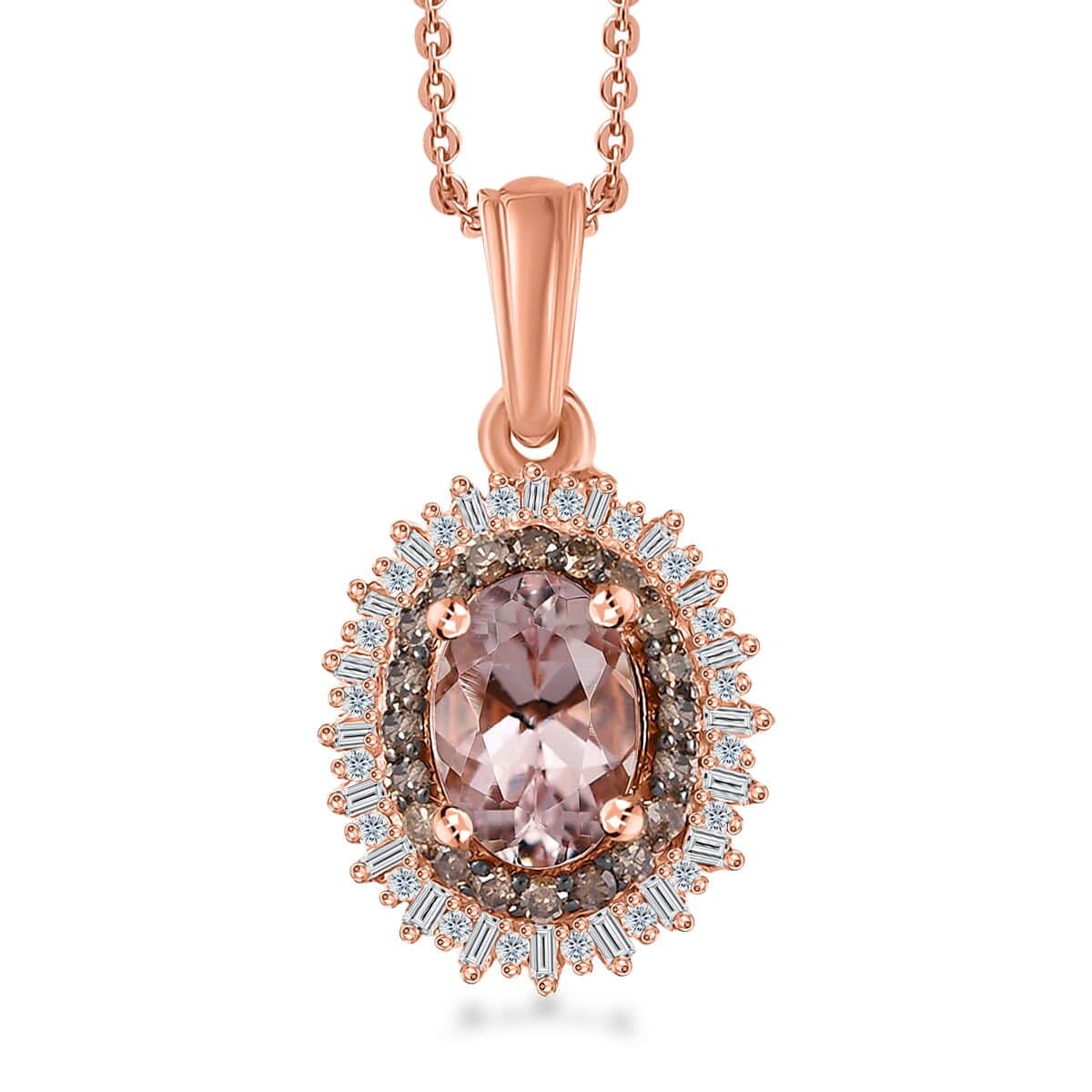 Premium Pink Morganite, Natural Champagne and White Diamond Starburst Pendant Necklace 20 Inches in Vermeil Rose Gold Over Sterling Silver 0.90 ctw image number 0