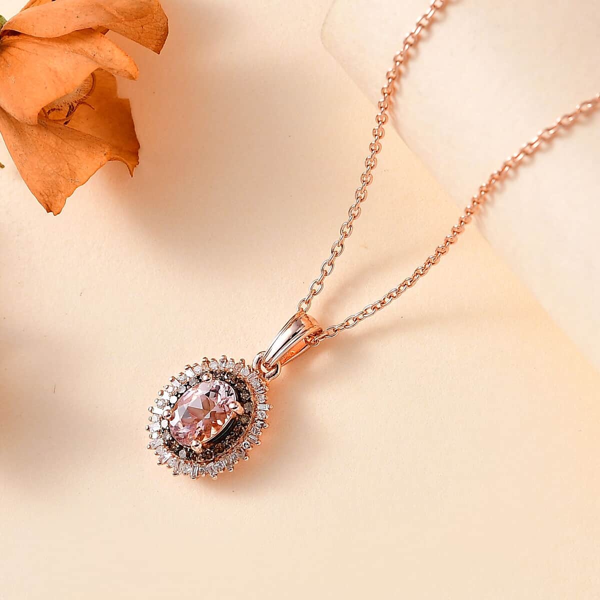 Premium Pink Morganite, Natural Champagne and White Diamond Starburst Pendant Necklace 20 Inches in Vermeil Rose Gold Over Sterling Silver 0.90 ctw image number 1