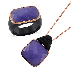 Carved & Faceted Purple and Black Jade (D) 104.00 ctw Band Ring (Size 6) and Pendant Necklace 18 Inches in Vermeil Yellow Gold Over Sterling Silver
