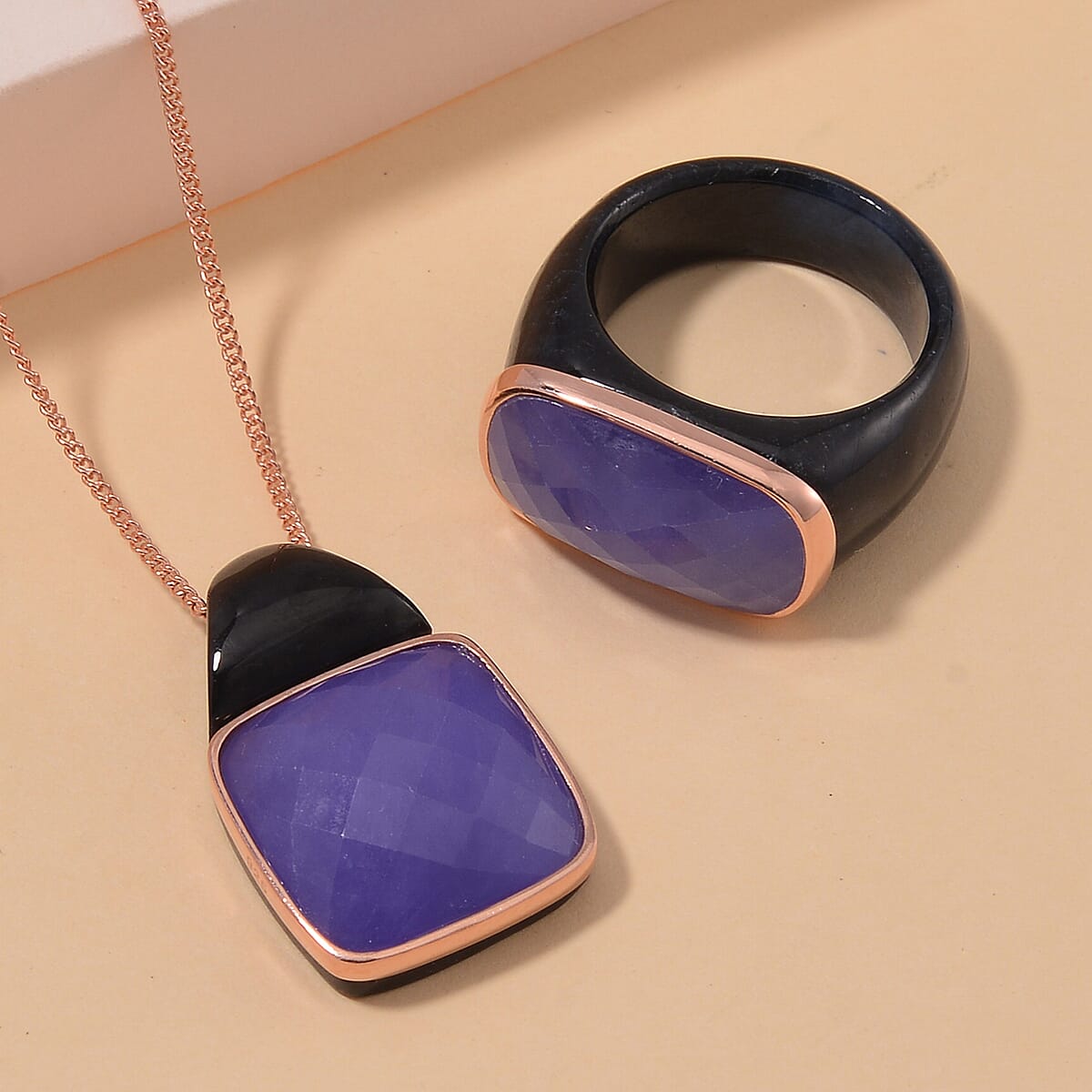 Carved & Faceted Purple and Black Jade (D) 104.00 ctw Band Ring (Size 9) and Pendant Necklace 18 Inches in Vermeil Yellow Gold Over Sterling Silver image number 1