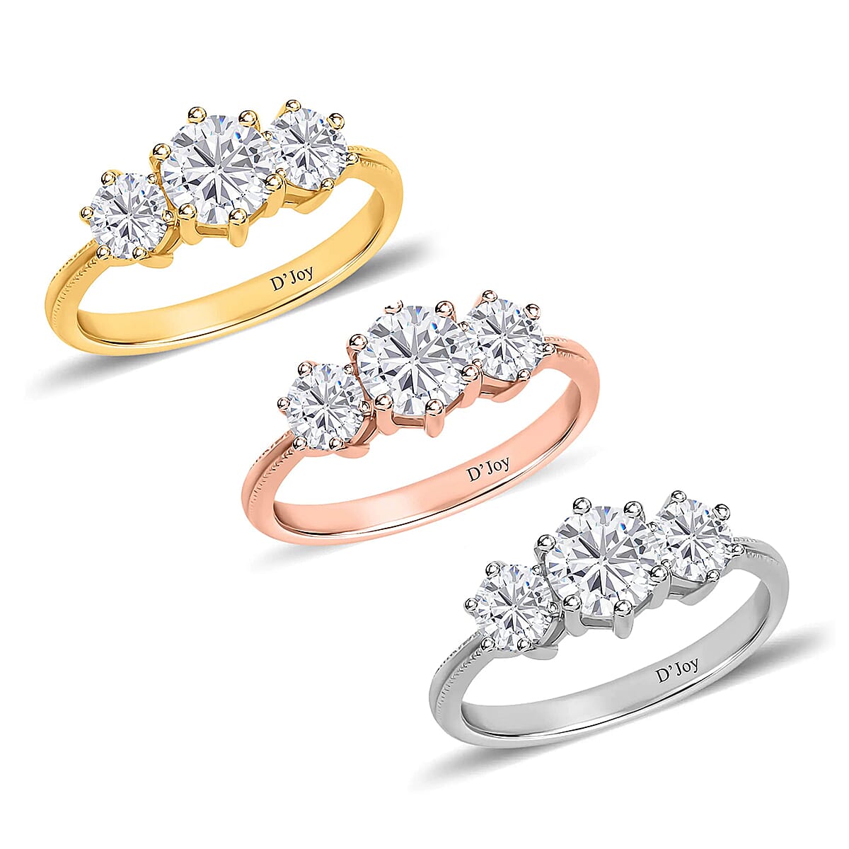 Set of 3 Heart and Arrows Cut Moissanite 3 Stone Ring in Vermeil YRG and Platinum Over Sterling Silver (Size 10.0) 5.25 ctw