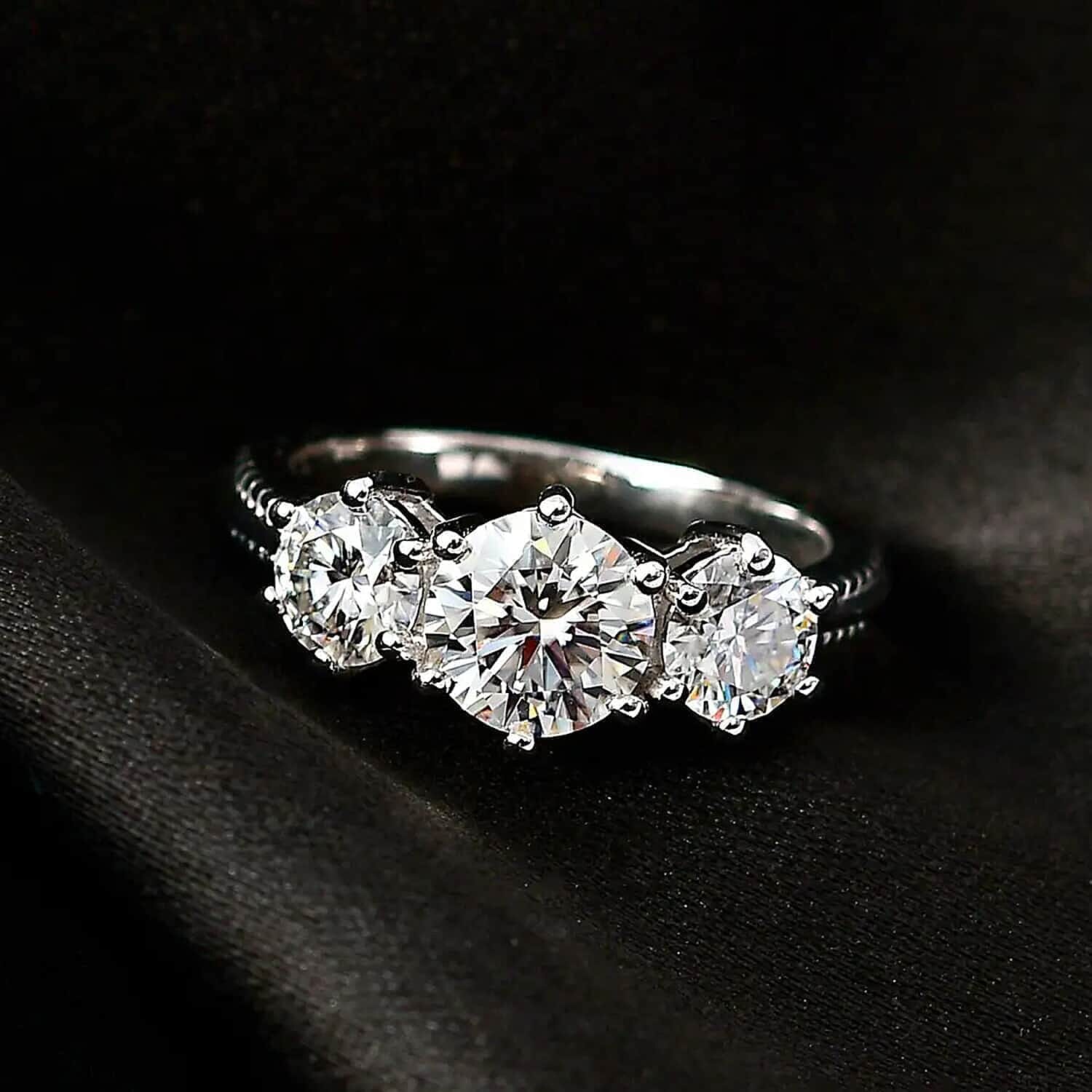 Set of 2 Heart and Arrows Cut Moissanite 3 Stone Ring in Vermeil YG and Platinum Over Sterling Silver (Size 10.0) 3.50 ctw