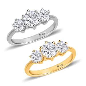 Set of 2 Heart and Arrows Cut Moissanite 3 Stone Ring in Vermeil YG and Platinum Over Sterling Silver (Size 8.0) 3.50 ctw