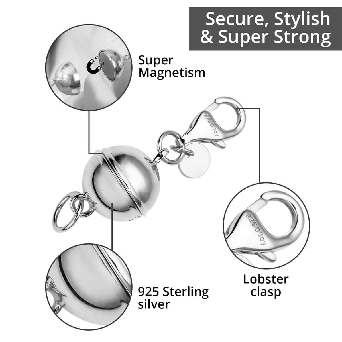 Set of 5 Rhodium Over Sterling Silver 9mm Round Magnetic Lock with Lobster Clasp (12.50 g) image number 2