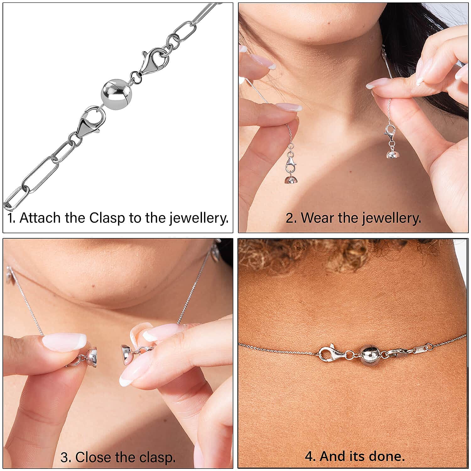 Set of 5 Rhodium Over Sterling Silver 9mm Round Magnetic Lock with Lobster Clasp 12.50 Grams