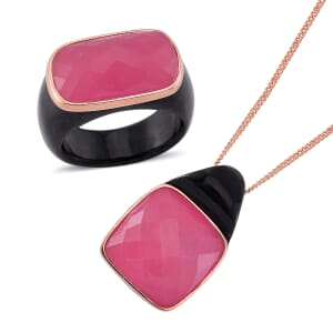Carved & Faceted Pink and Black Jade (D) 104.00 ctw Band Ring (Size 9) and Pendant Necklace 18 Inches in Vermeil Yellow Gold Over Sterling Silver
