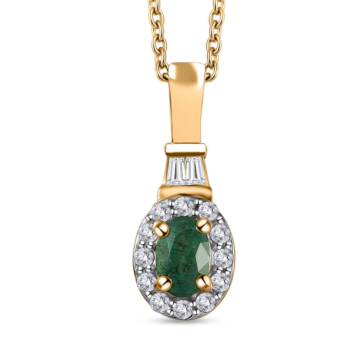 AAA Kagem Zambian Emerald and White Zircon Halo Pendant Necklace 20 Inches in Vermeil Yellow Gold Over Sterling Silver 0.85 ctw image number 0