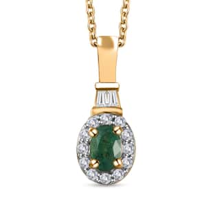 AAA Kagem Zambian Emerald and White Zircon Halo Pendant Necklace 20 Inches in Vermeil Yellow Gold Over Sterling Silver 0.85 ctw