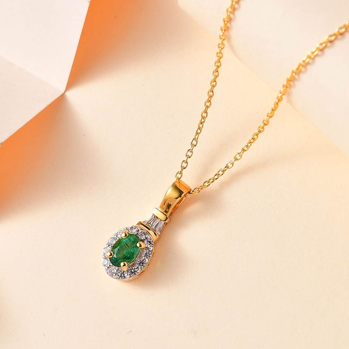 AAA Kagem Zambian Emerald and White Zircon Halo Pendant Necklace 20 Inches in Vermeil Yellow Gold Over Sterling Silver 0.85 ctw image number 1