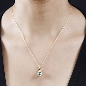 AAA Kagem Zambian Emerald and White Zircon Halo Pendant Necklace 20 Inches in Vermeil Yellow Gold Over Sterling Silver 0.85 ctw