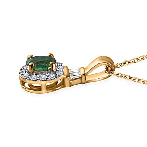 AAA Kagem Zambian Emerald and White Zircon Halo Pendant Necklace 20 Inches in Vermeil Yellow Gold Over Sterling Silver 0.85 ctw