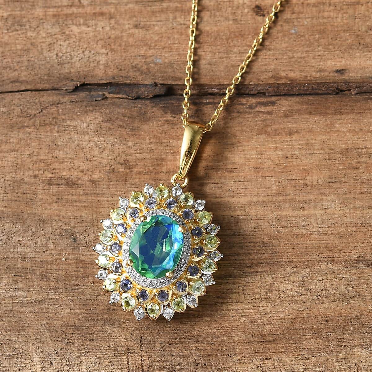 Peacock Quartz (Triplet) and Multi Gemstone Dahlia Floral Pendant Necklace 20 Inches in Vermeil Yellow Gold Over Sterling Silver 4.15 ctw image number 1