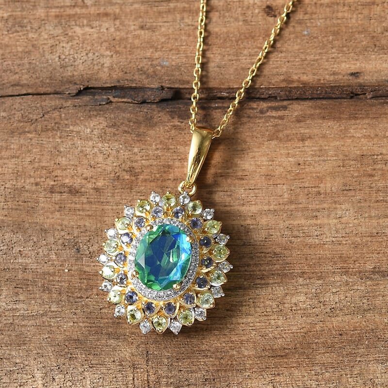 Peacock Quartz (Triplet) and Multi Gemstone Dahlia Floral Pendant Necklace 20 Inches in Vermeil Yellow Gold Over Sterling Silver 4.15 ctw