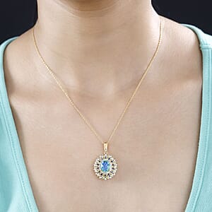 Peacock Quartz (Triplet) and Multi Gemstone Dahlia Floral Pendant Necklace 20 Inches in Vermeil Yellow Gold Over Sterling Silver 4.15 ctw