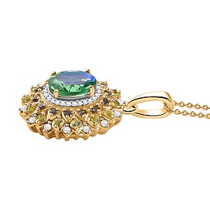 Peacock Quartz (Triplet) and Multi Gemstone Dahlia Floral Pendant Necklace 20 Inches in Vermeil Yellow Gold Over Sterling Silver 4.15 ctw