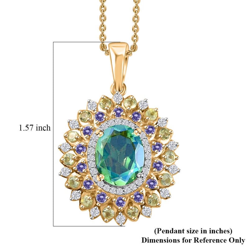 Peacock Quartz (Triplet) and Multi Gemstone Dahlia Floral Pendant Necklace 20 Inches in Vermeil Yellow Gold Over Sterling Silver 4.15 ctw