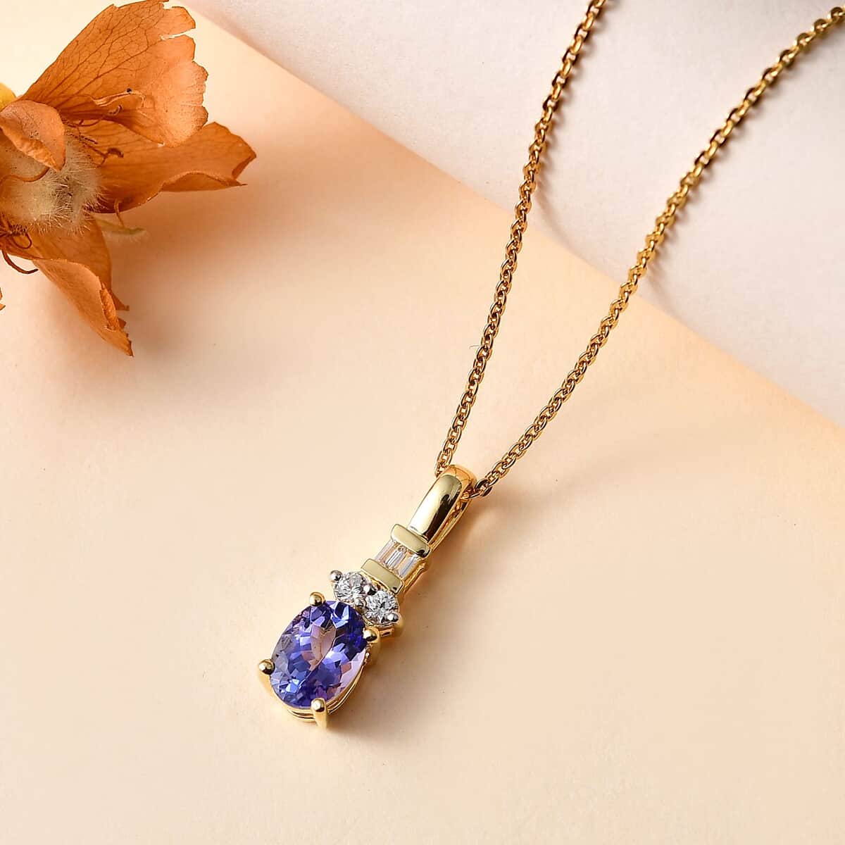 Tanzanite and White Zircon Pendant Necklace 20 Inches in Vermeil Yellow Gold Over Sterling Silver 1.20 ctw image number 1